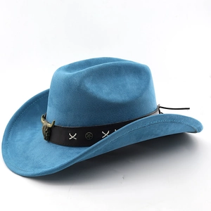 Detail of blue suede cowboy hat with vintage bull head emblem and star metal studs