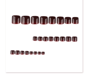 Detail of 24pcs deep burgundy gradient press-on toenails with a glossy finish