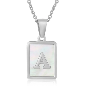 Square stainless steel pendant with white shell inlay featuring the silver letter A