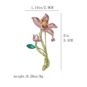 Detail view of enamel lotus brooch with pink petals, green leaf, and precise size dimensions