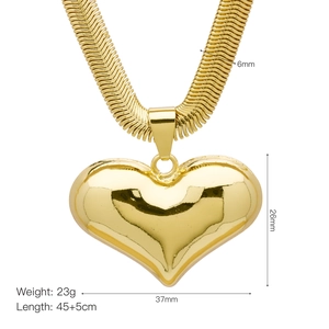 18k gold plated snake chain necklace with large heart pendant and dimension markings