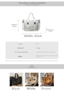 Detailed size guide and specifications for this large casual canvas tote bag