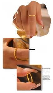 Detail shots of minimalist 18k gold plated bamboo style ring with model display