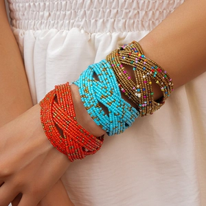 Bohemian multi-layer beaded wide cuff bracelet with woven glass seed beads