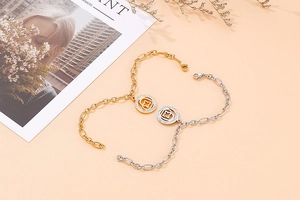 Detail of gold and silver titanium steel bracelets with rhinestone floral pendants