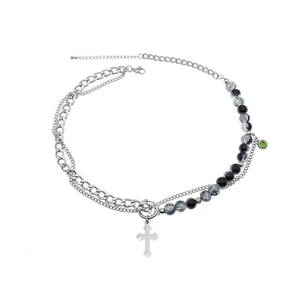 Double-layered punk necklace with stainless steel chain, cross pendant and gradient beads
