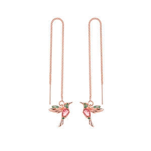 Elegant rose gold hummingbird long drop earrings with pink crystals and chain