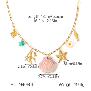 Detailed size and weight chart for ocean-themed necklace with shell and starfish pendants