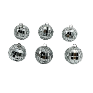 Set of six silver disco ball ornaments with reflective mirror surface and hanging loops