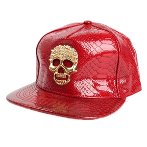 Red crocodile texture PU leather baseball cap with a gold studded skull emblem
