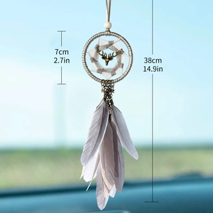 Car dream catcher pendant with metal deer head and grey feathers for rearview mirror