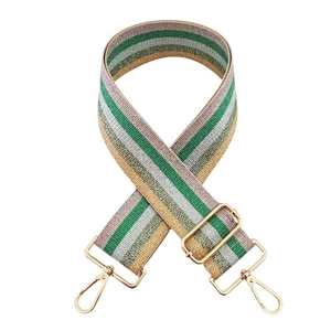 Adjustable 5cm wide striped shoulder strap with metallic gold and green woven patterns