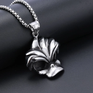 Punk style silver stainless steel skull character pendant with square pearl chain necklace