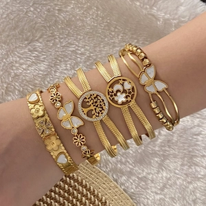 Stainless Steel Gold Plated Bangle Bracelet With Mother Of Artificial Pearl Butterfly Tree Of Life Rhinestone Flower For Women Fashion