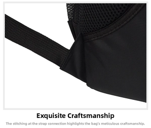 Detail showing high-density nylon fabric and reinforced stitching on padded mesh backpack straps