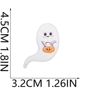 Detail view of a white Halloween ghost embroidery patch with size measurements in cm and inches