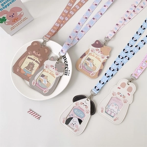 Cute PU leather cartoon animal card holder set with matching neck lanyards in five styles