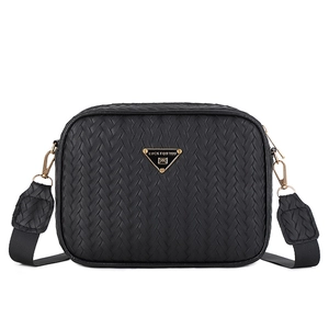 Black woven leather camera bag for women with triangular gold metal plaque logo
