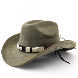 Vintage olive green suede cowboy hat with woven band and shell detail on white background