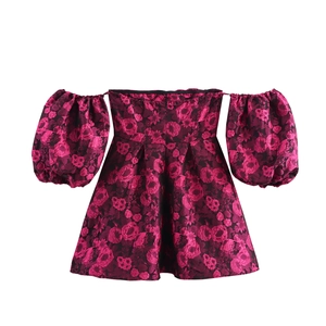 Elegant off-shoulder floral jacquard mini dress with bubble sleeves and cinched waistline