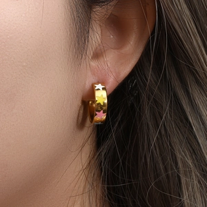 18K gold plated stainless steel hoop earrings with colorful enamel star patterns