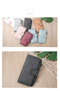 Long women's matte PU wallet with multiple card slots and zipper pocket, stylish clutch bag.