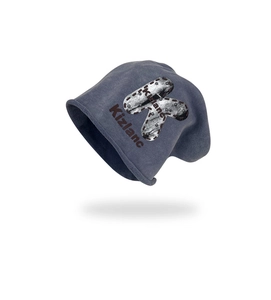 Detailed texture of blue-grey knit beanie with K letter print and silver rivet accents