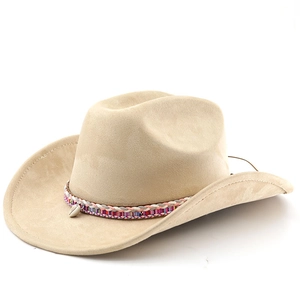 Detail of khaki western cowboy hat with woven band and white shell pendant accent