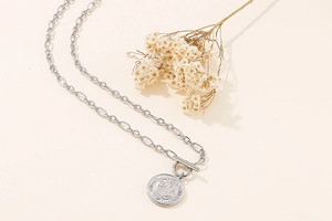 Detail of silver chain necklace featuring a round coin pendant and T-bar toggle clasp