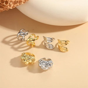 Set of 6 cross-design 14K gold and silver plated rings with chain and leaf textures