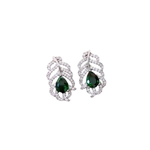 Silver leaf earrings with sparkling zircons and a large drop-shaped emerald green gem