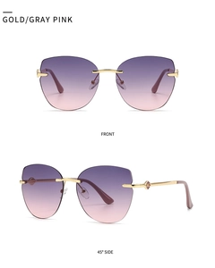 Detailed front and side views of gold cat-eye sunglasses with gray pink gradient lenses