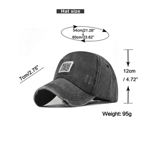 Detailed size specifications for a washed cotton baseball cap with MARIA embroidery