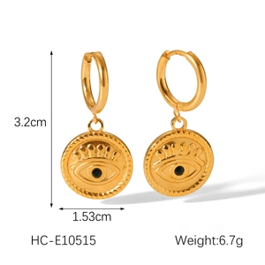 Detailed dimensions of gold evil eye heart drop earrings showing 3.2cm height and 1.53cm width