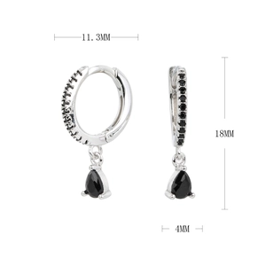 Detail view of silver earrings with black teardrop charm and size measurements