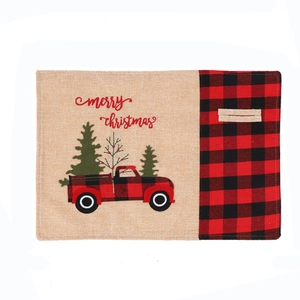 Christmas red and black buffalo plaid placemat with vintage red truck embroidery