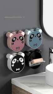 Detailed view of wall-mounted panda soap dishes in multiple colors with waterproof flip lids