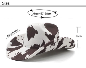 Detail view of cow print cowboy hat with size chart: 12cm height and 8.5cm brim width