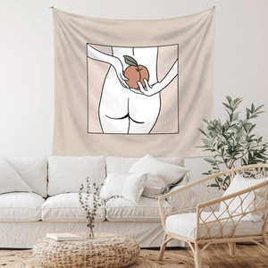 Detail of minimalist line art tapestry featuring woman back profile in soft beige tones