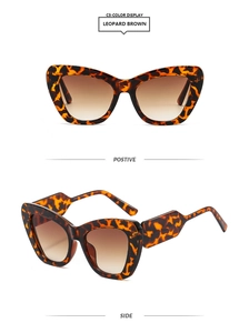 Detailed front and side views of leopard brown cat eye sunglasses with gradient lenses