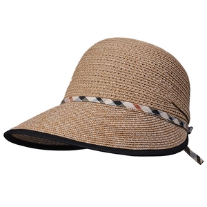 Women's elegant wide-brim straw sun hat with classic plaid ribbon and black piping detail