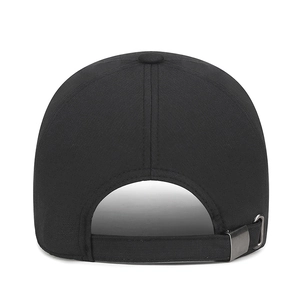 Classic black outdoor baseball cap with adjustable metal buckle from a rear view