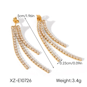 Detailed view of 5cm gold tassel earrings with zircon inlay and product measurements