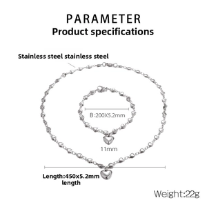 Detailed size specifications for stainless steel heart necklace and bracelet jewelry set