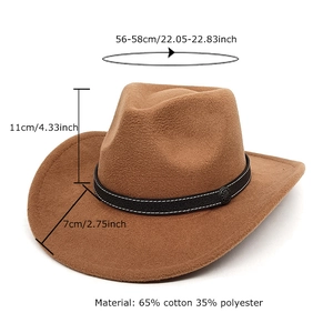 Brown western felt cowboy hat with size specs showing 56-58cm brim and buckle band