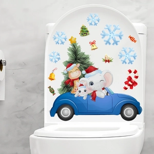 Detail of Christmas toilet lid stickers featuring cartoon animals in a blue car and snowflakes