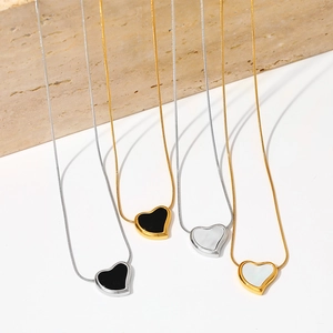 Elegant Stainless Steel Heart Pendant Necklace With Mother Of Artificial Pearl Enamel Inlay Snake Chain Jewelry For Women