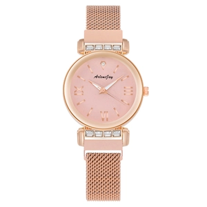 Women's rose gold mesh strap watch with a pink frosted dial and rhinestone accents