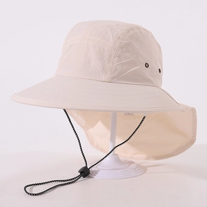 Beige wide-brim children sun hat with neck protection flap and adjustable windproof cord