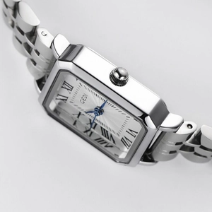 Elegant women's square quartz watch with silver steel strap and white wavy dial